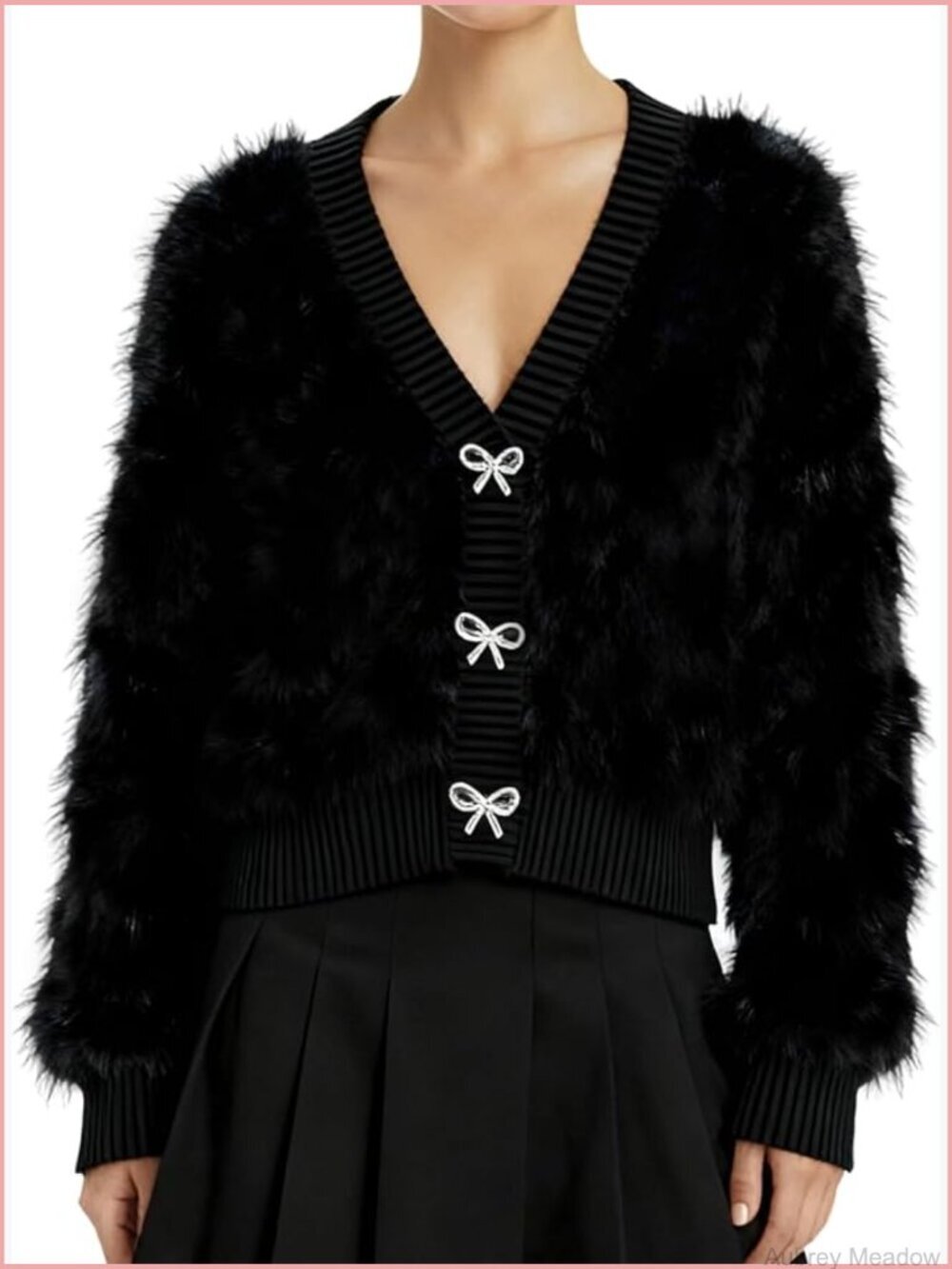 Cropped Fuzzy Cardigan Sweater Bowknot Brooch Button V Neck Long Sleeve Soft